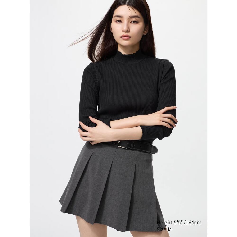 Uniqlo — Black Ribbed High Neck T-Shirt Long Sleeve — Women's Size Small NWT NEW - Picture 2 of 16